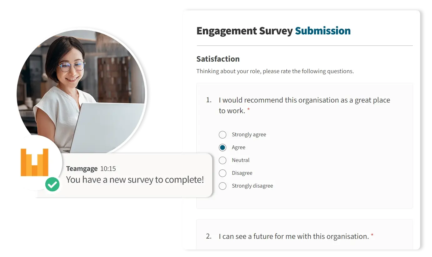 Woman and man in an office looking at a phone with survey results and charts.