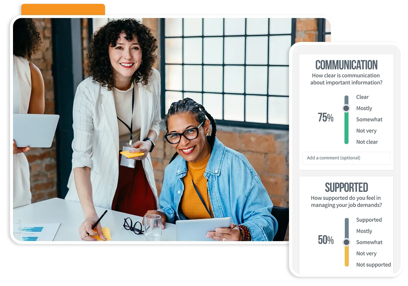 Women in an office meeting smiling next to a graphic showing a phone with yellow and green gauges.