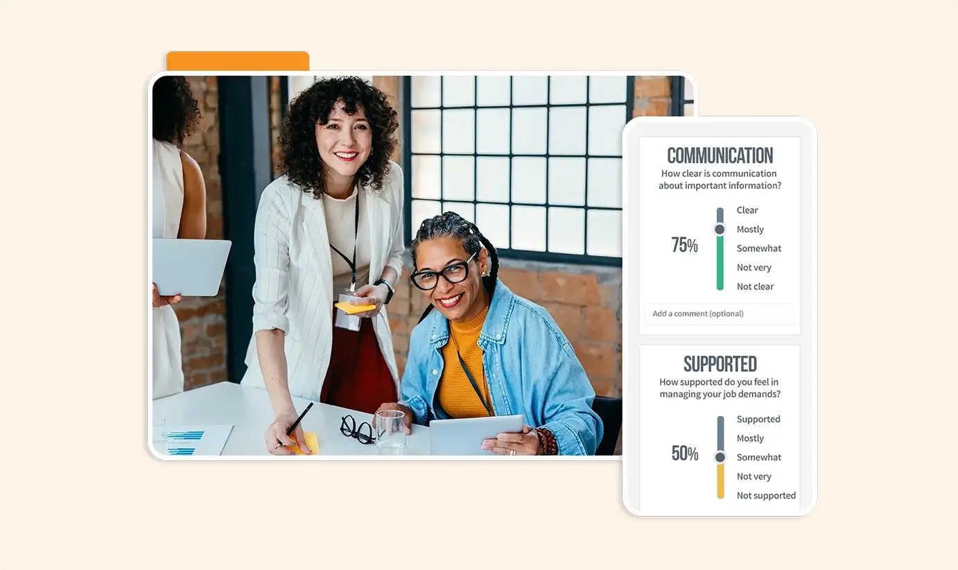 2 women in an office on a tablet computer next to the Teamgage user interface