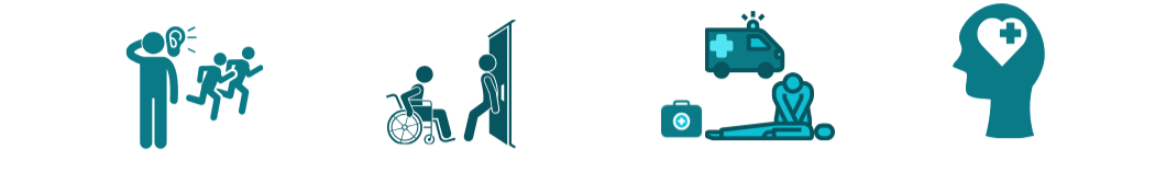 Four teal safety illustrations showing stages of an active threat emergency: a person hearing danger while others run, a wheelchair user and another person sheltering behind a door, emergency medical response with first aid and an ambulance, and a head with a heart and medical cross representing mental and physical recovery.