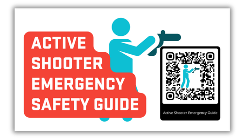 Front of a HazAdapt Active Shooter Emergency Safety Guide card with large red text reading “Active Shooter Emergency Safety Guide,” an illustrated person holding a firearm, and a QR code labeled “Active Shooter Emergency Guide.”