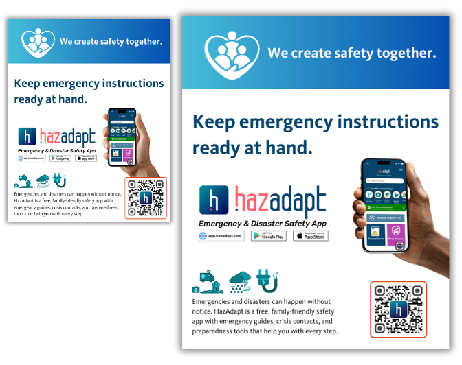 Two versions of a HazAdapt house of worship preparedness flyer with the message “We create safety together” and “Keep emergency instructions ready at hand.” The flyers include the HazAdapt Safety App, emergency preparedness icons, a phone image, and a QR code.