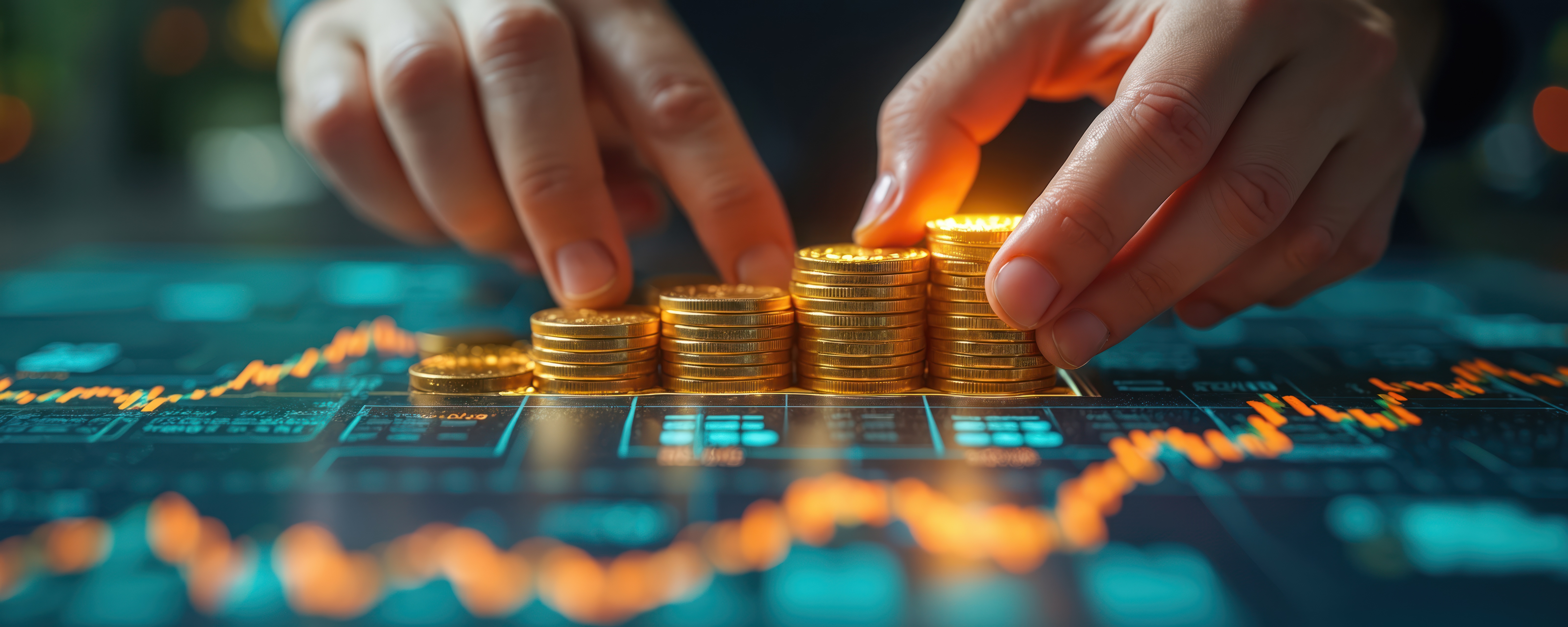 someones hand aligning coins on a digital screen