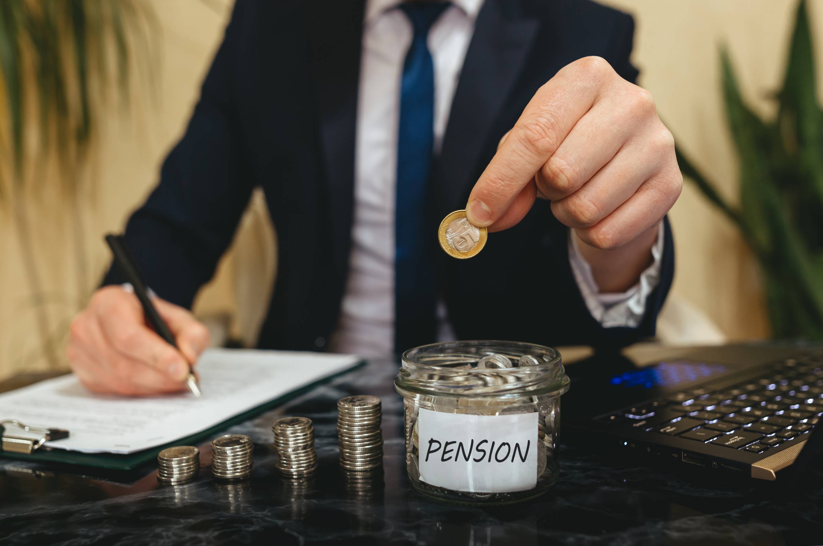 smartly dressed person in the background putting a coin into a pot labeled pensions