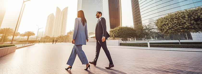 businessman and busineswoman in cityscape