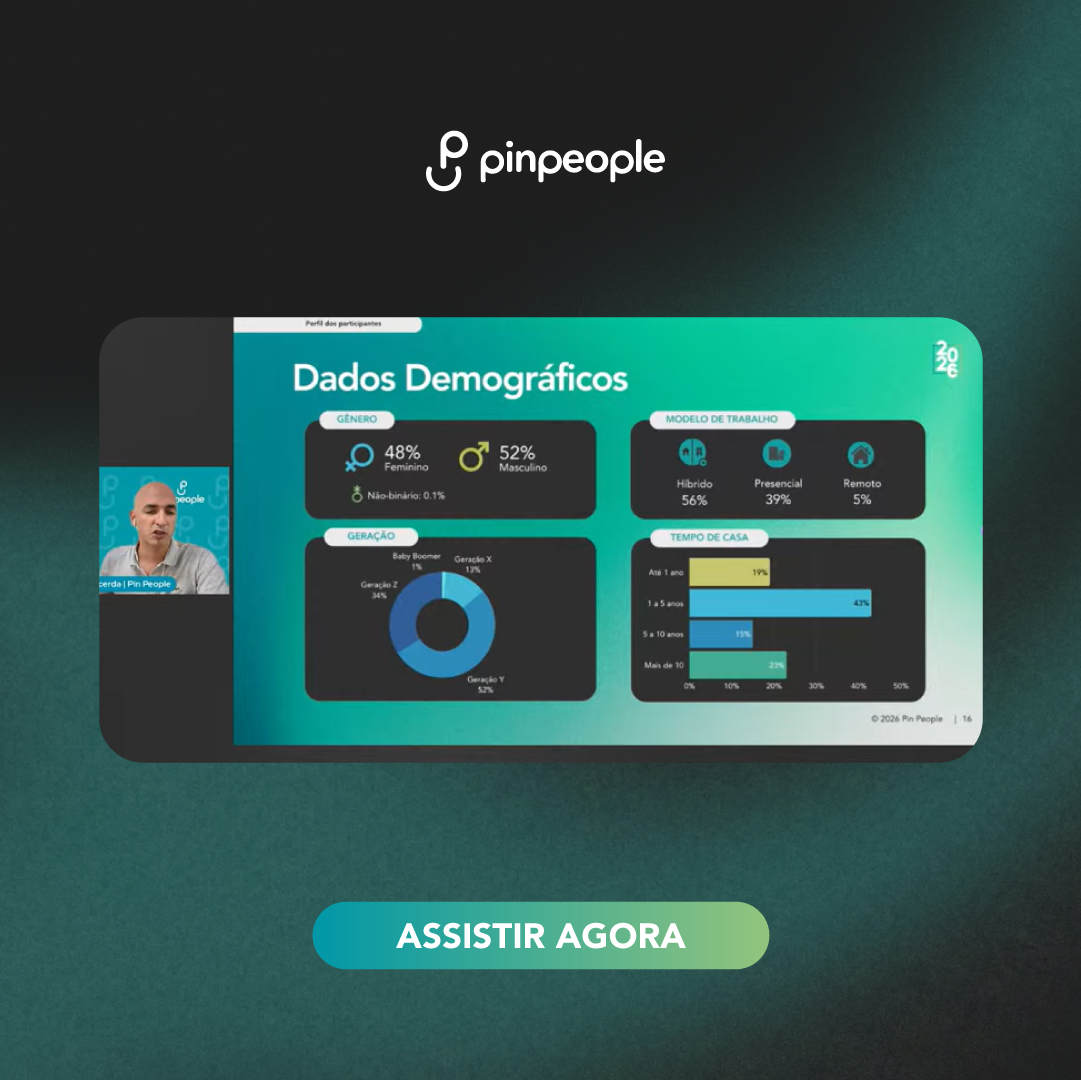 Tela de webinar da Pin People mostrando dados demográficos com gráficos sobre gênero, geração, modelo de trabalho e tempo de casa.
