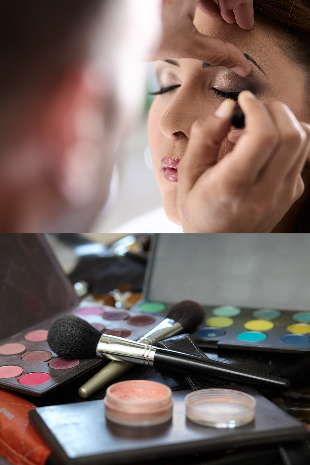 Make-up Palette mit Pinseln und Puder auf dem Schminktisch, Utensilien für das Braut Make-up