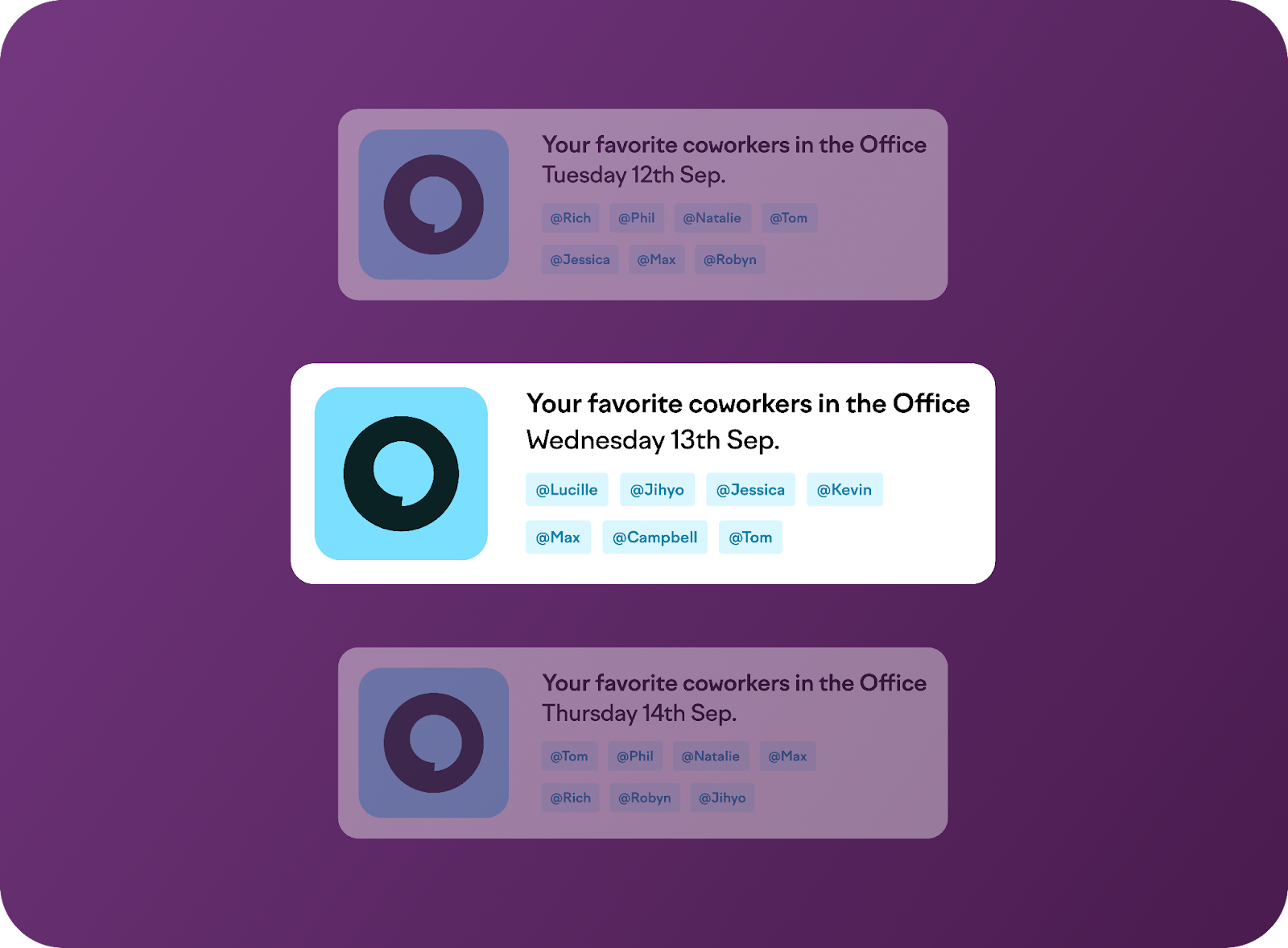 Officely’s Slack notification that reads “Your favorite coworkers in the Office Wednesday 13th Sep”