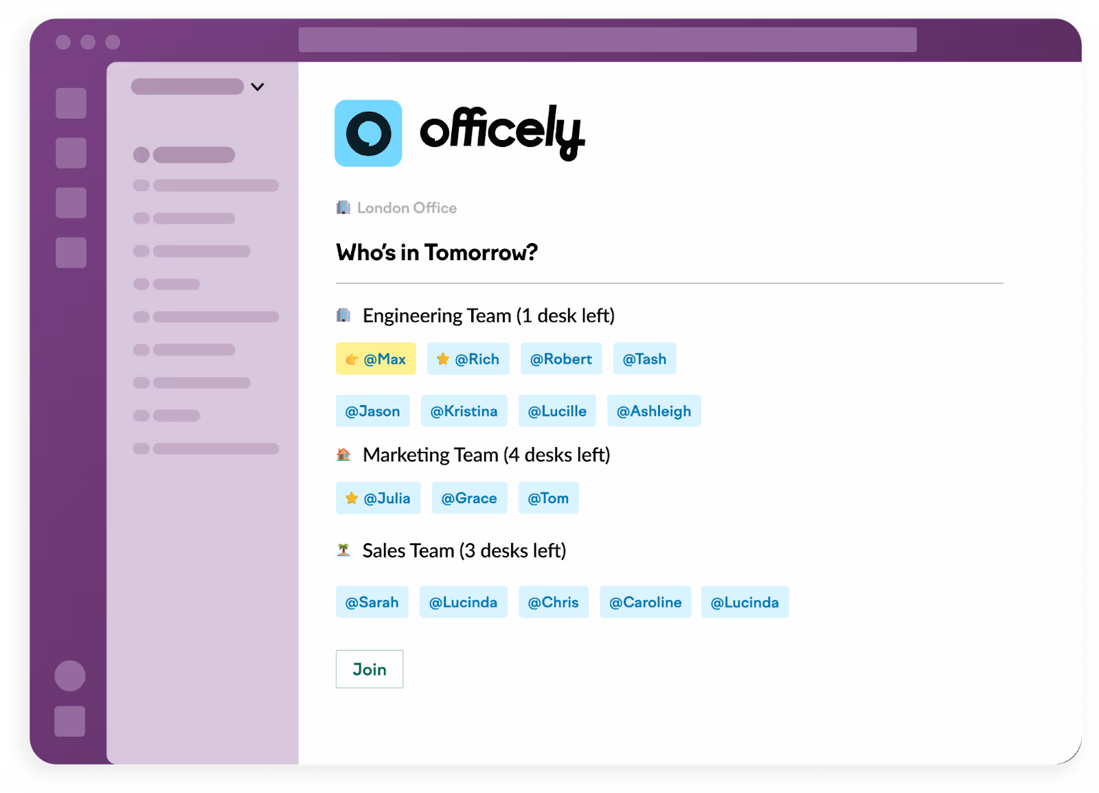 Office dashboard showing London office teams scheduled for tomorrow with desk availability and tagged team members.
