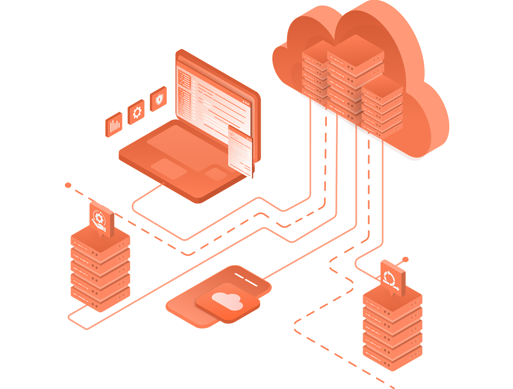 Illustration of cloud-connected devices and data infrastructure, representing agile, scalable software delivery from legacy rebuilds to greenfield solutions