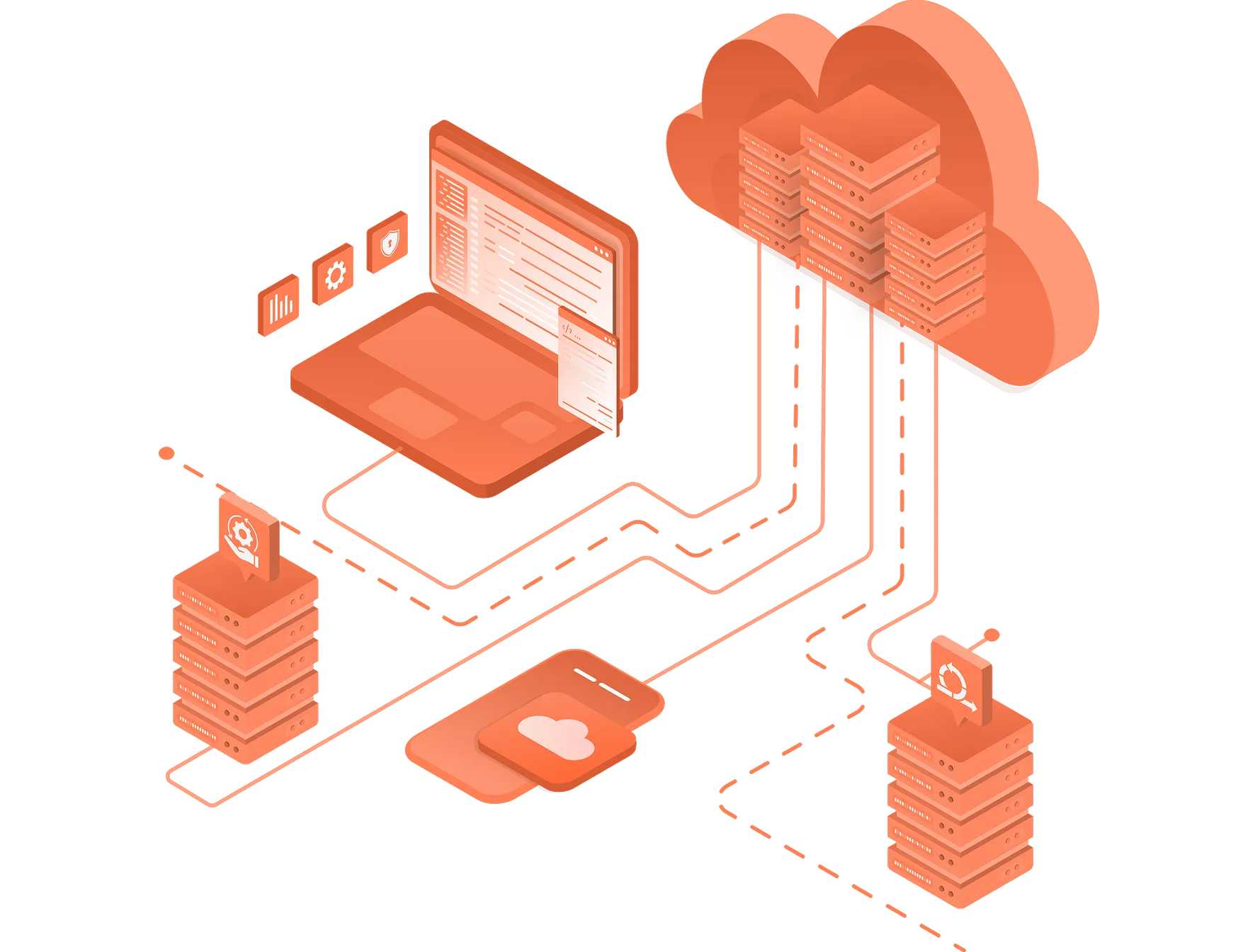 Illustration of cloud-connected devices and data infrastructure, representing agile, scalable software delivery from legacy rebuilds to greenfield solutions