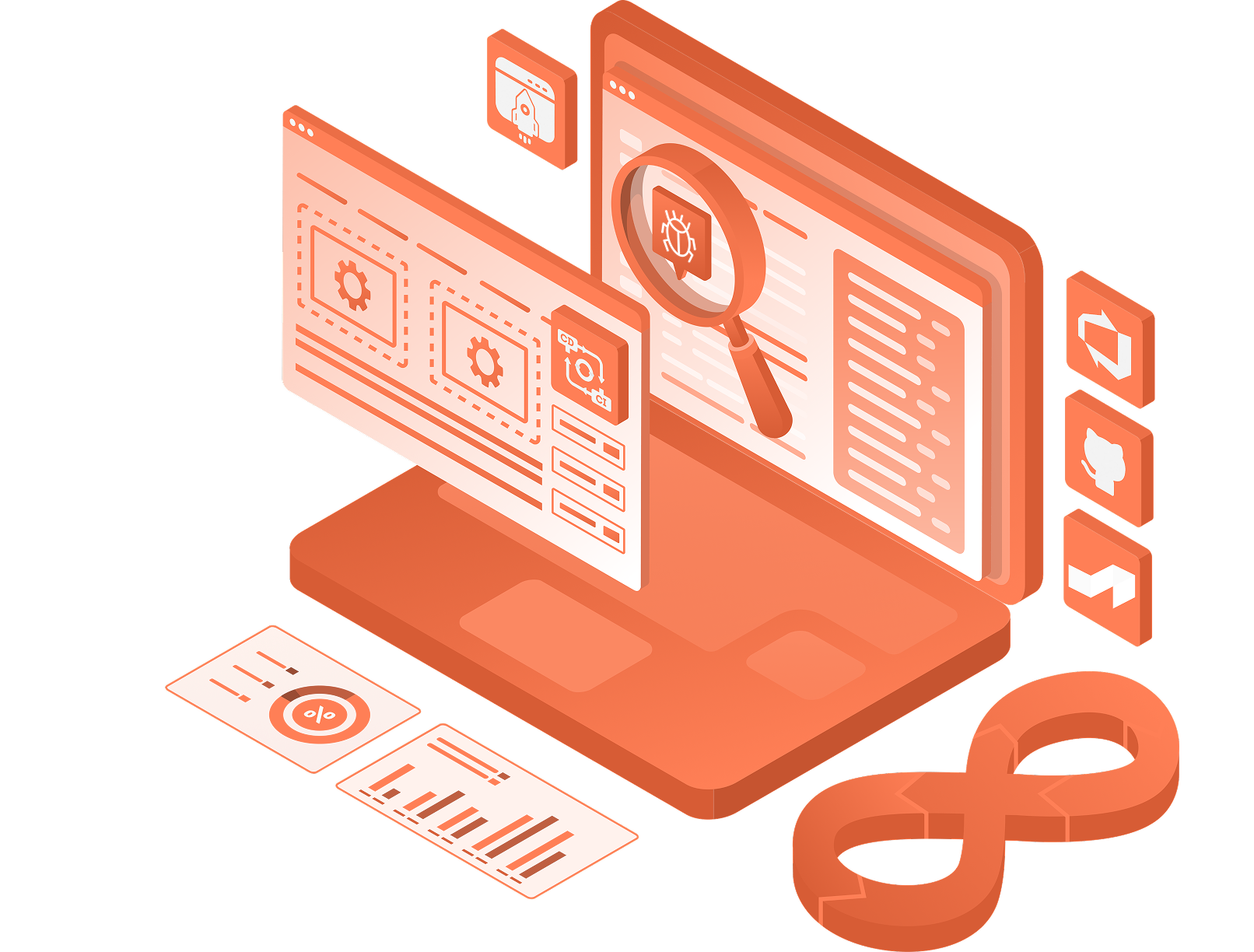 Illustration of automated deployment pipeline with CI/CD dashboards and infinity loop, symbolising secure, high- velocity software shipping using modern toolchains