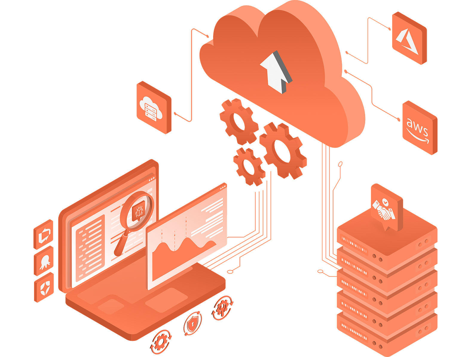 Cloud integration illustration with platform logos and data flow, depicting tailored vendor partnerships and tool integrations for optimised delivery ecosystems.