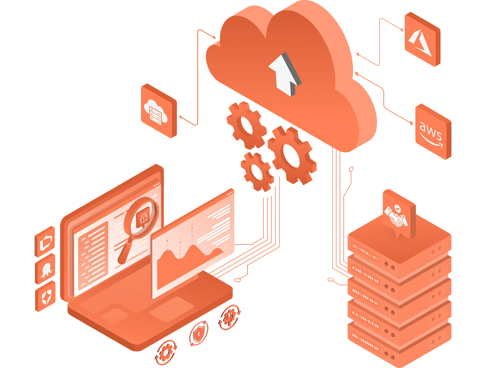 Cloud integration illustration with platform logos and data flow, depicting tailored vendor  partnerships and tool integrations for optimised delivery ecosystems.