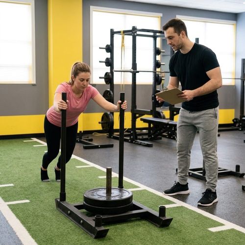 UTG personal trainer coaching a client through a sled push at the Westwood, NJ gym