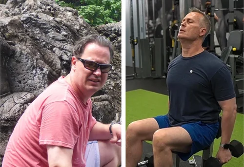 Client before and after, down 65 lbs