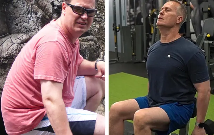 Client before and after, down 65 lbs