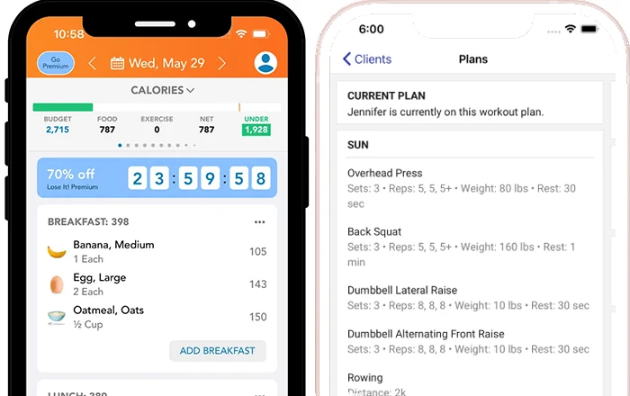 Food logging app and workout plan shown side by side on two phones
