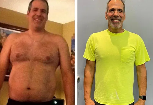 Joe before and after, 65 lb down with UTG Personal Training in Westwood NJ