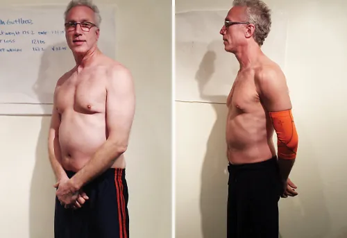 Side profile before and after belly fat loss for a male personal training client in Westwood NJ
