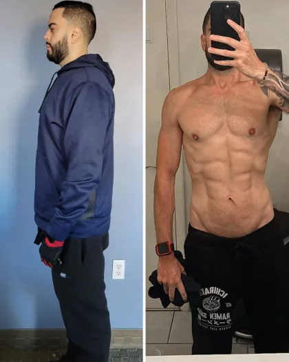 Before and after, dieted down 40 lb to visible abs at UTG in Westwood NJ