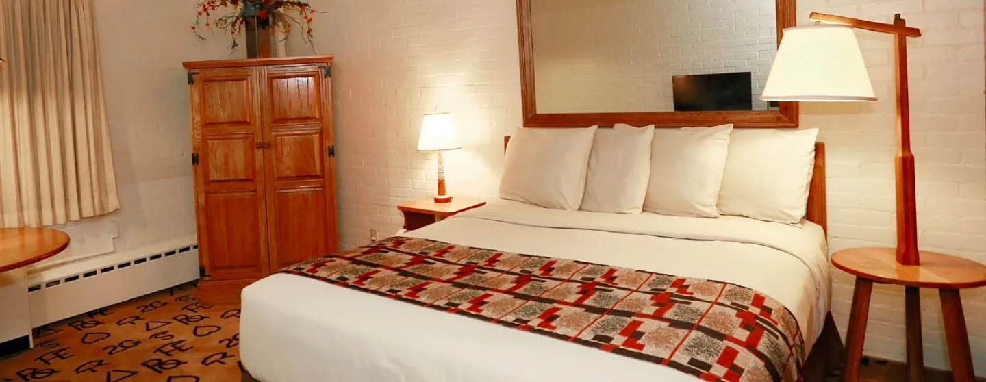 Hotel room with a large bed featuring four white pillows and a patterned runner, wooden furniture, a tall floor lamp, and a wall-mounted mirror reflecting a TV.