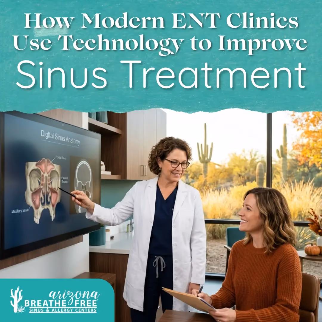 Female ENT physician in a white coat pointing to a digital sinus anatomy diagram on a screen while a smiling patient takes notes, with text overlay reading: How Modern ENT Clinics Use Technology to Improve Sinus Treatment