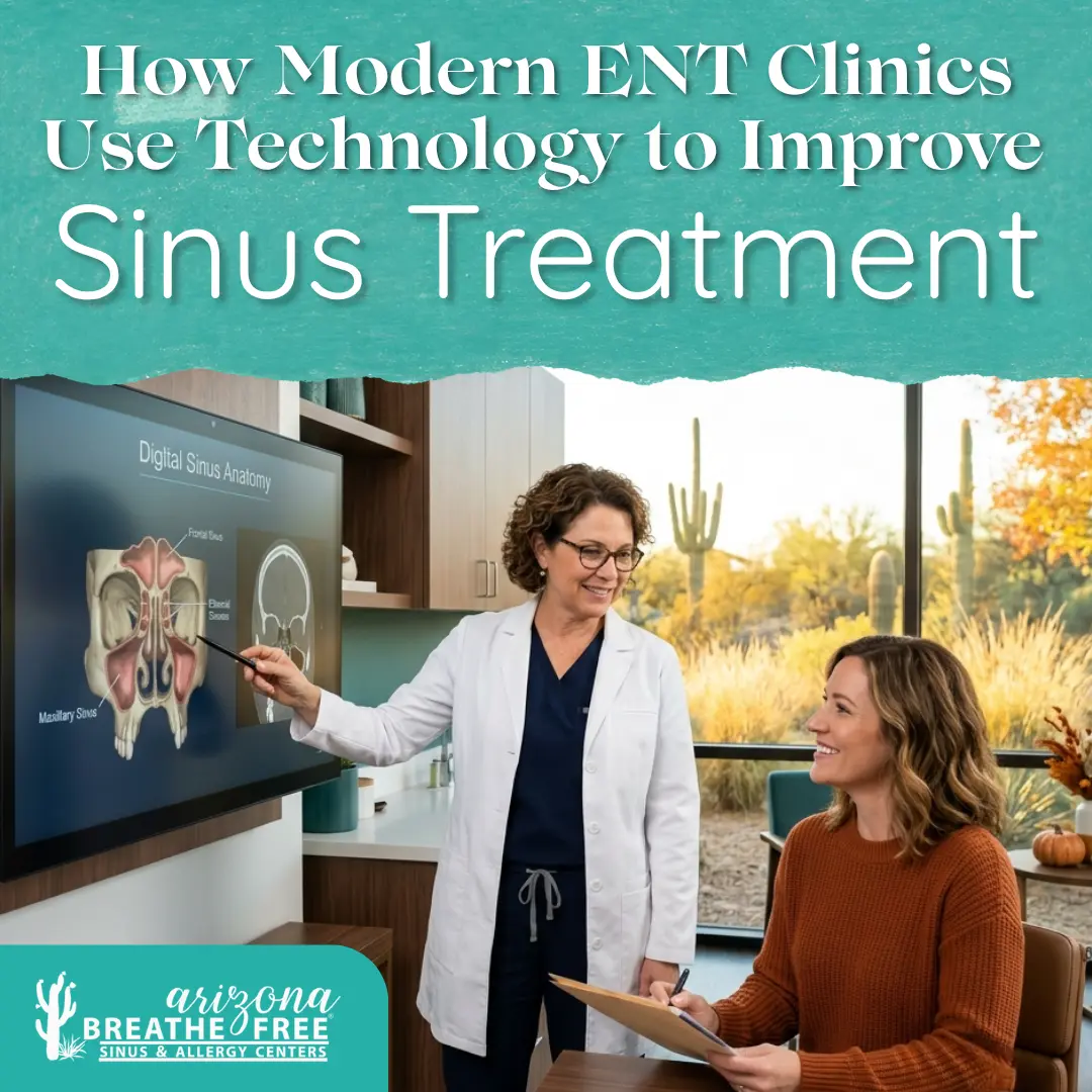 Female ENT physician in a white coat pointing to a digital sinus anatomy diagram on a screen while a smiling patient takes notes, with text overlay reading: How Modern ENT Clinics Use Technology to Improve Sinus Treatment