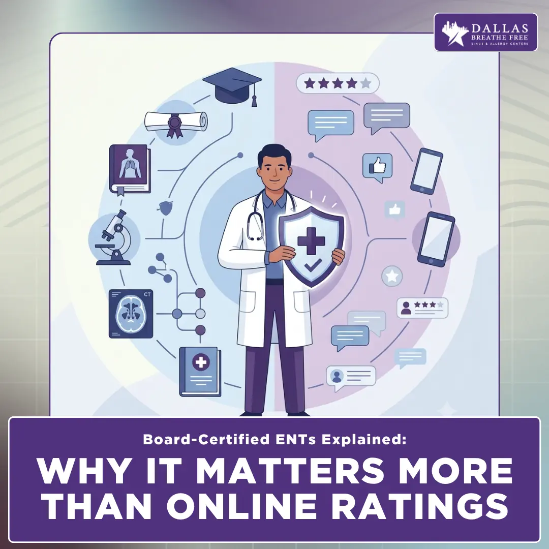 Illustration of a board-certified ENT physician holding a medical shield, surrounded by symbols of training and credentials on one side and online review icons on the other