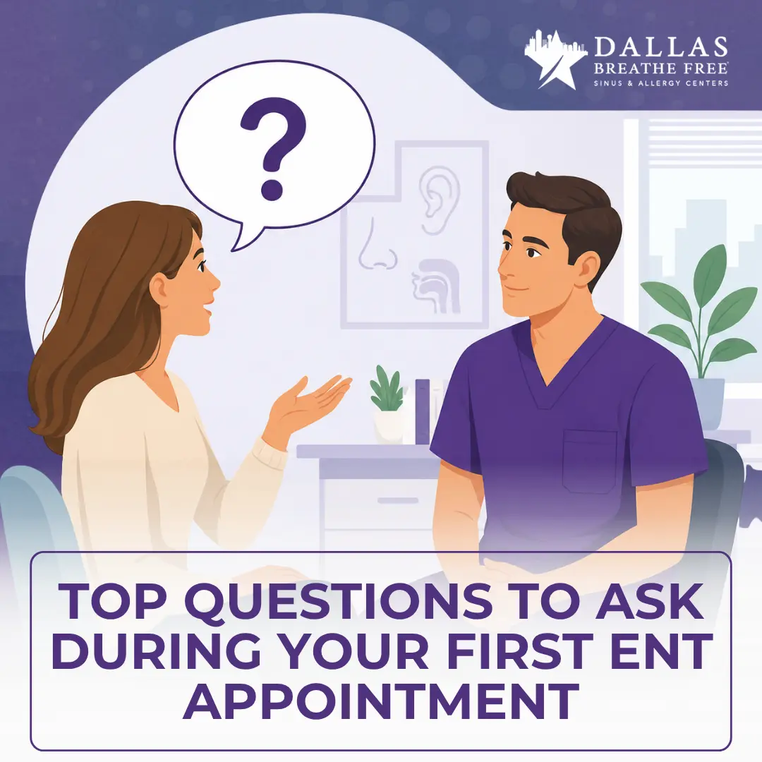 Illustration of a patient asking her ENT provider a question during an appointment, with an ear, nose, and throat anatomy chart on the wall behind them.