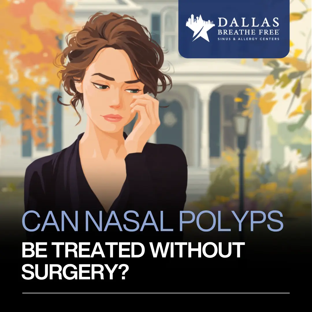 Illustrated woman touching the side of her nose in discomfort from sinus pressure while standing outside in an autumn neighborhood