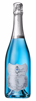 Bottle of Blanc de Bleu sparkling wine front view with wine label and foil