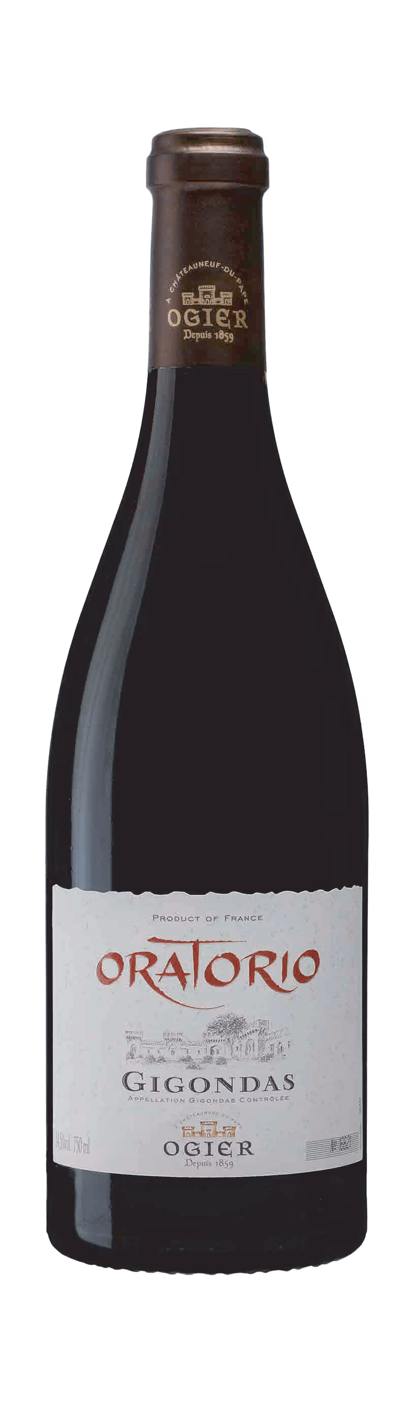 Oratorio brand Gigondas wine bottle front view with wine label and capsule