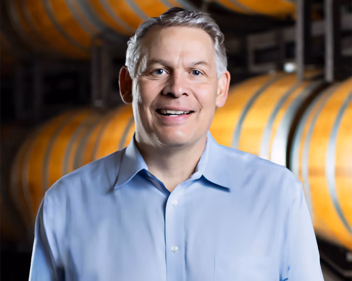 Bronco CFO Mike Carranza in the barrel room at the Ceres Winery