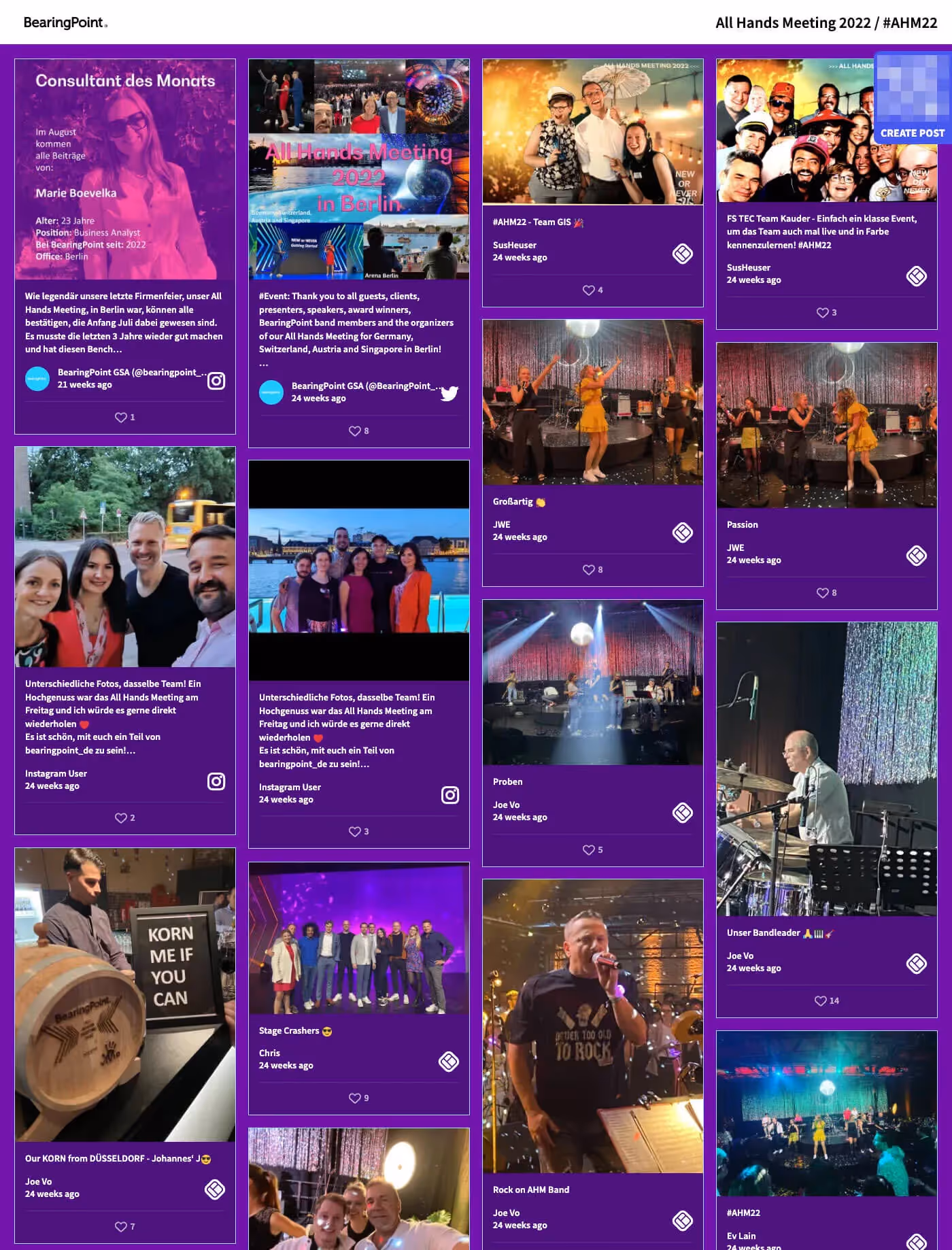 Screenshot of the social wall for the BearingPoint All Hands Meeting.