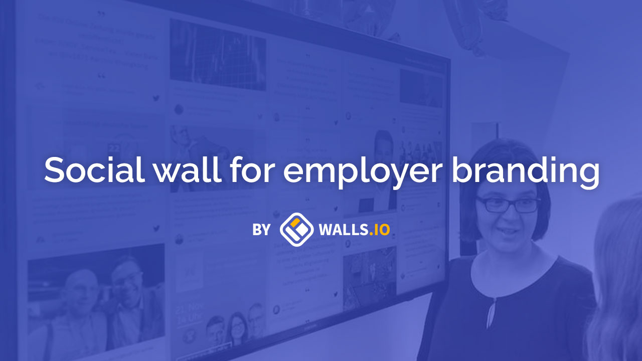 video thumbnail with a social media display and a woman sitting next to it. there's a text overlay saying social walls for employer branding by walls.io