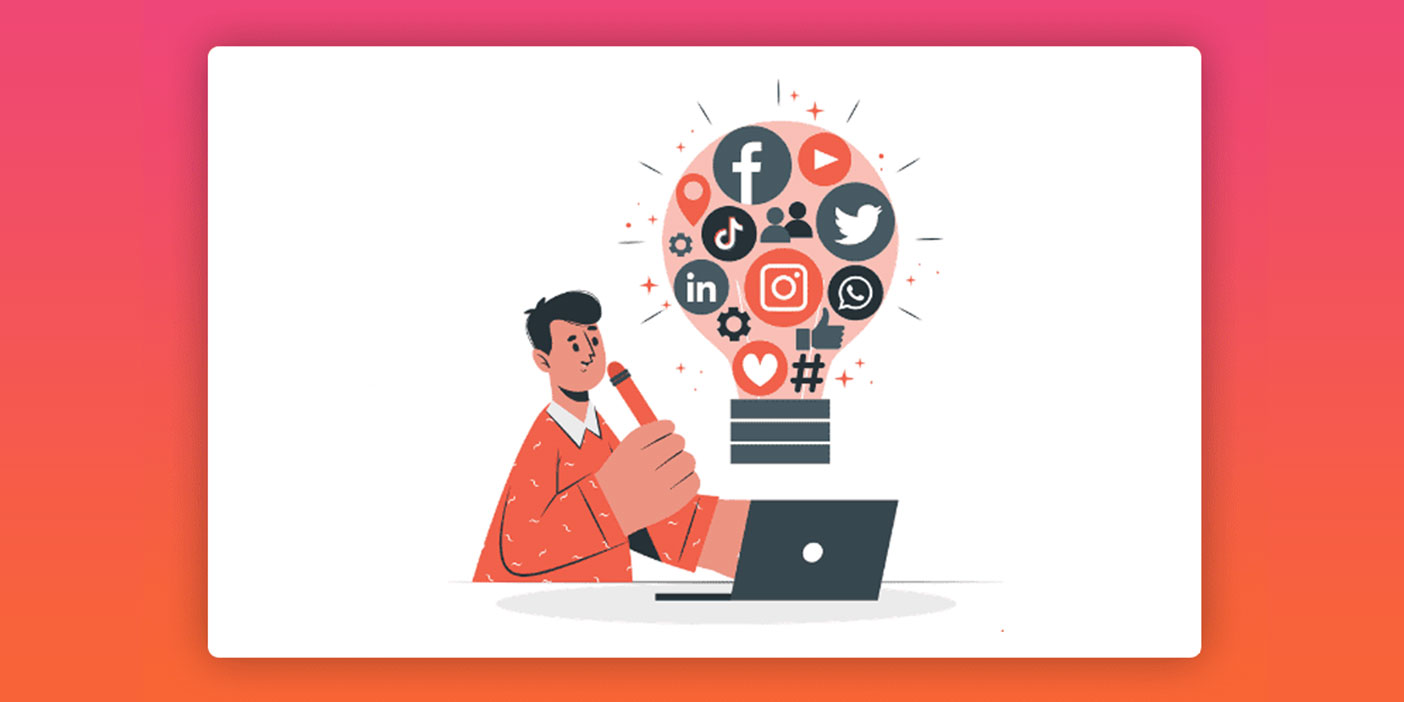 A drawing of a man sitting in front of his laptop, a bubble of social media platforms icons rising above his head. 