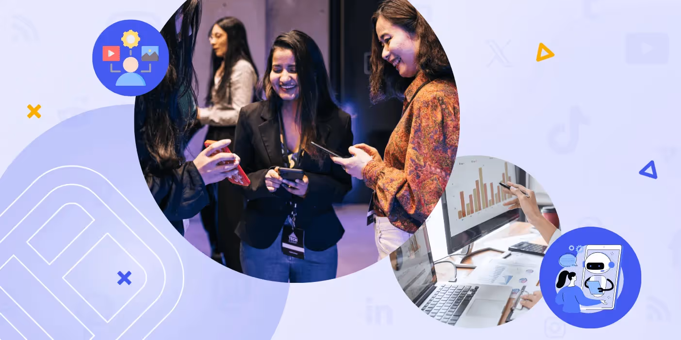 Event attendees engage with social media content on their phones, while analytical insights and AI-driven tools enhance user-generated content integration.