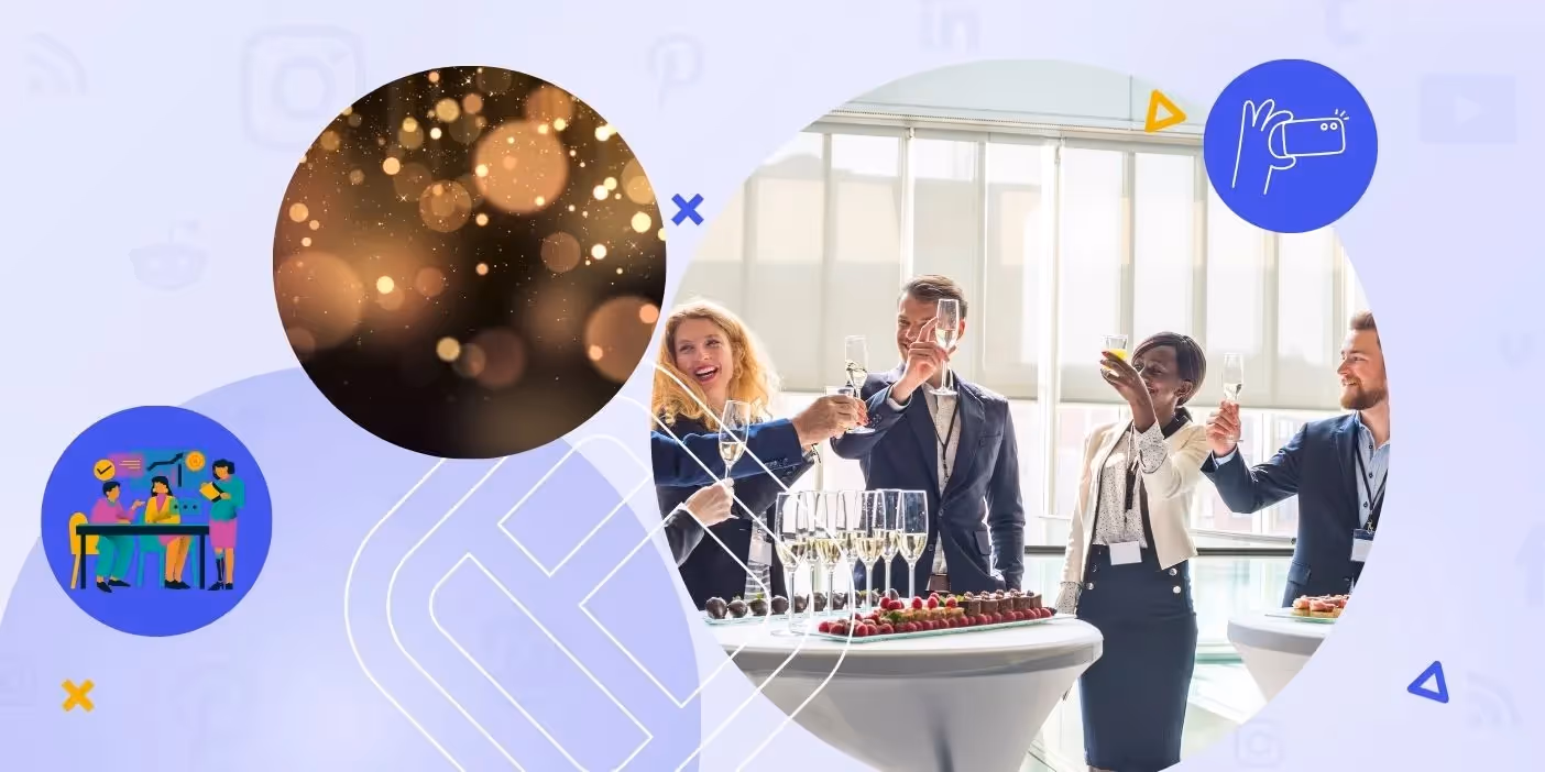 Business professionals celebrating with a toast at a corporate event, surrounded by digital icons.