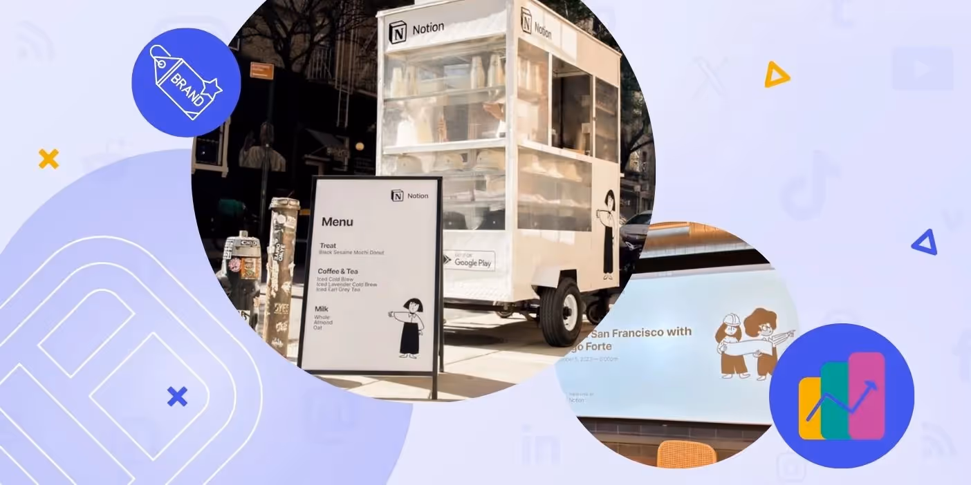  Branded coffee cart with Notion logo, a menu board, and illustrated event display outdoors.
