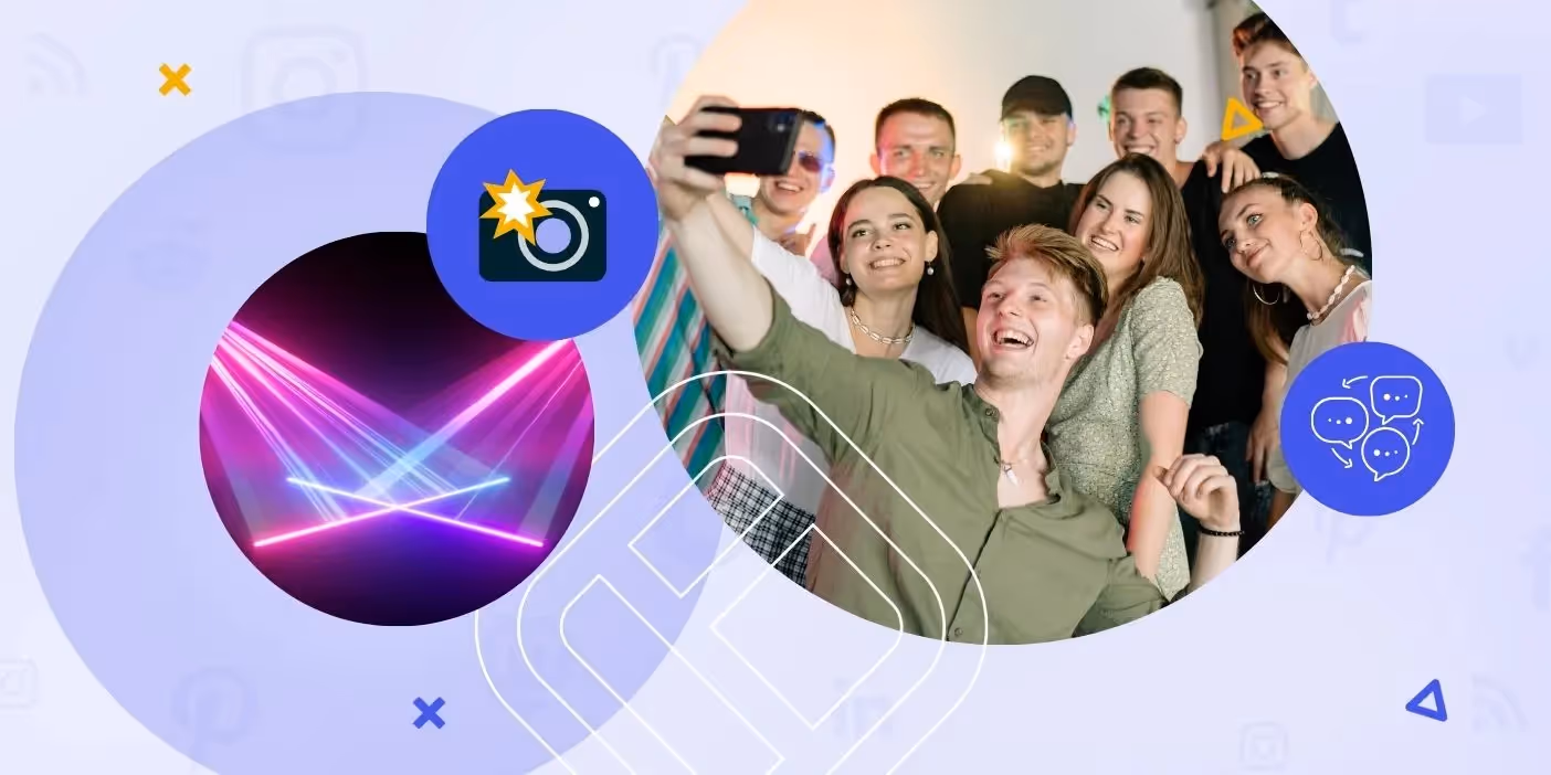 two images with people taking a selfie and a stage next to them.