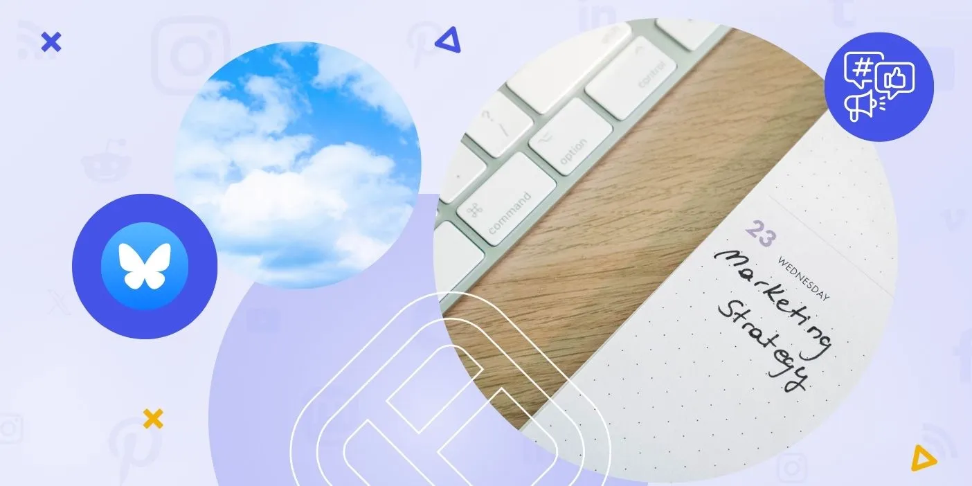 Bluesky logo, a blue sky and a notebook with a handwritten note saying "marketing strategy"