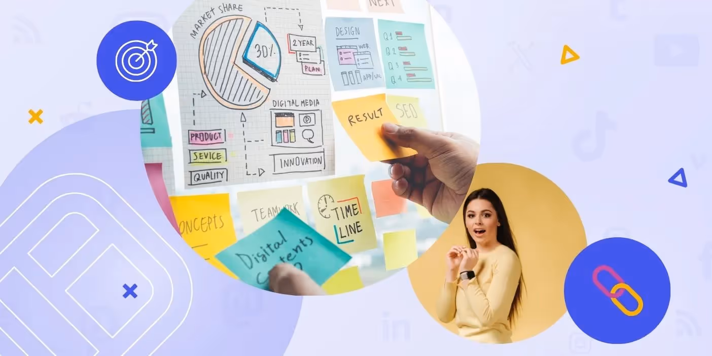 A board with post its representing a strategy and a woman looking captivated.