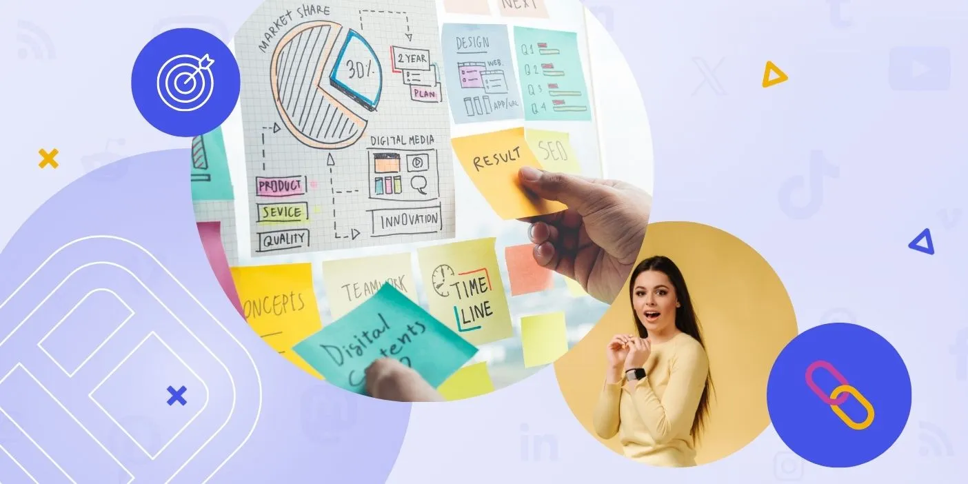 A board with post its representing a strategy and a woman looking captivated.