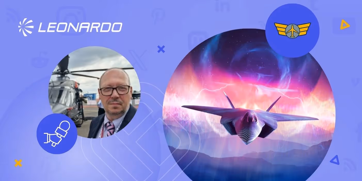 An airplane and the photo of Leonardo UK digital communication Head.