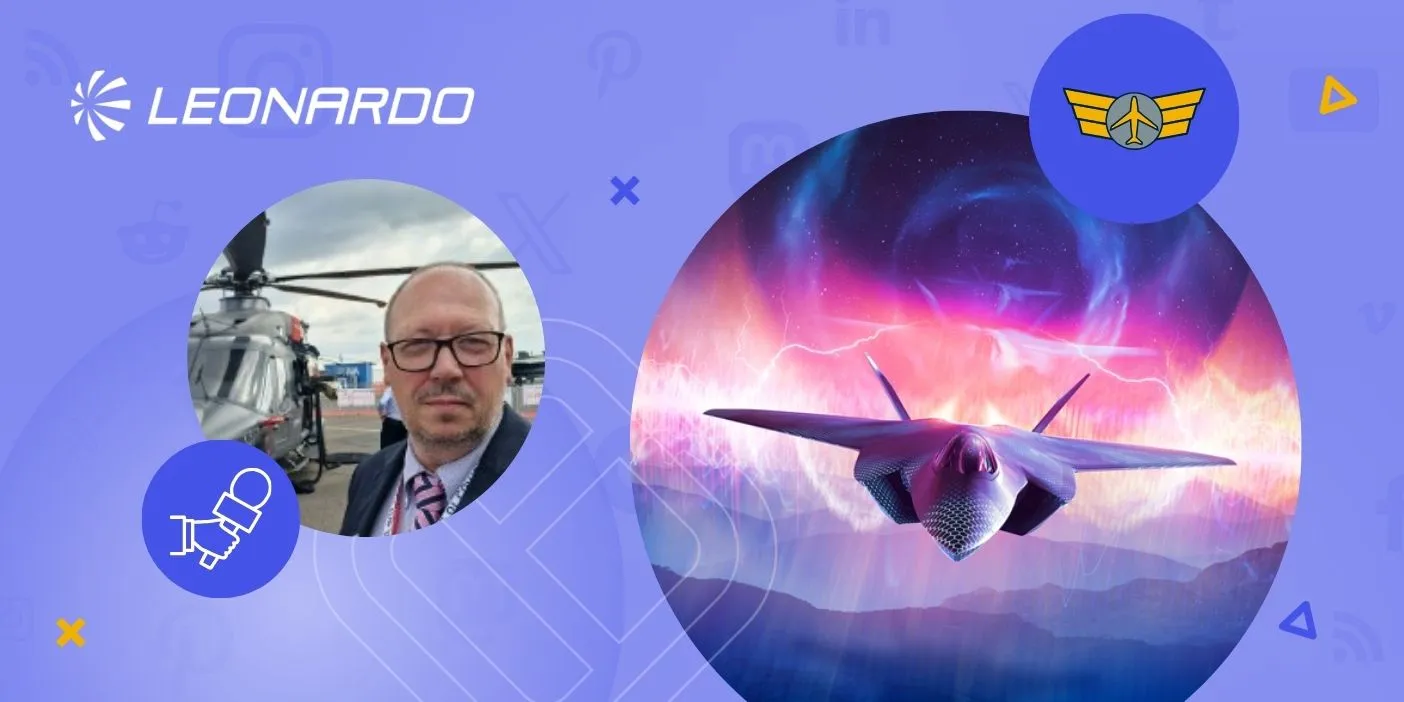 An airplane and the photo of Leonardo UK digital communication Head.