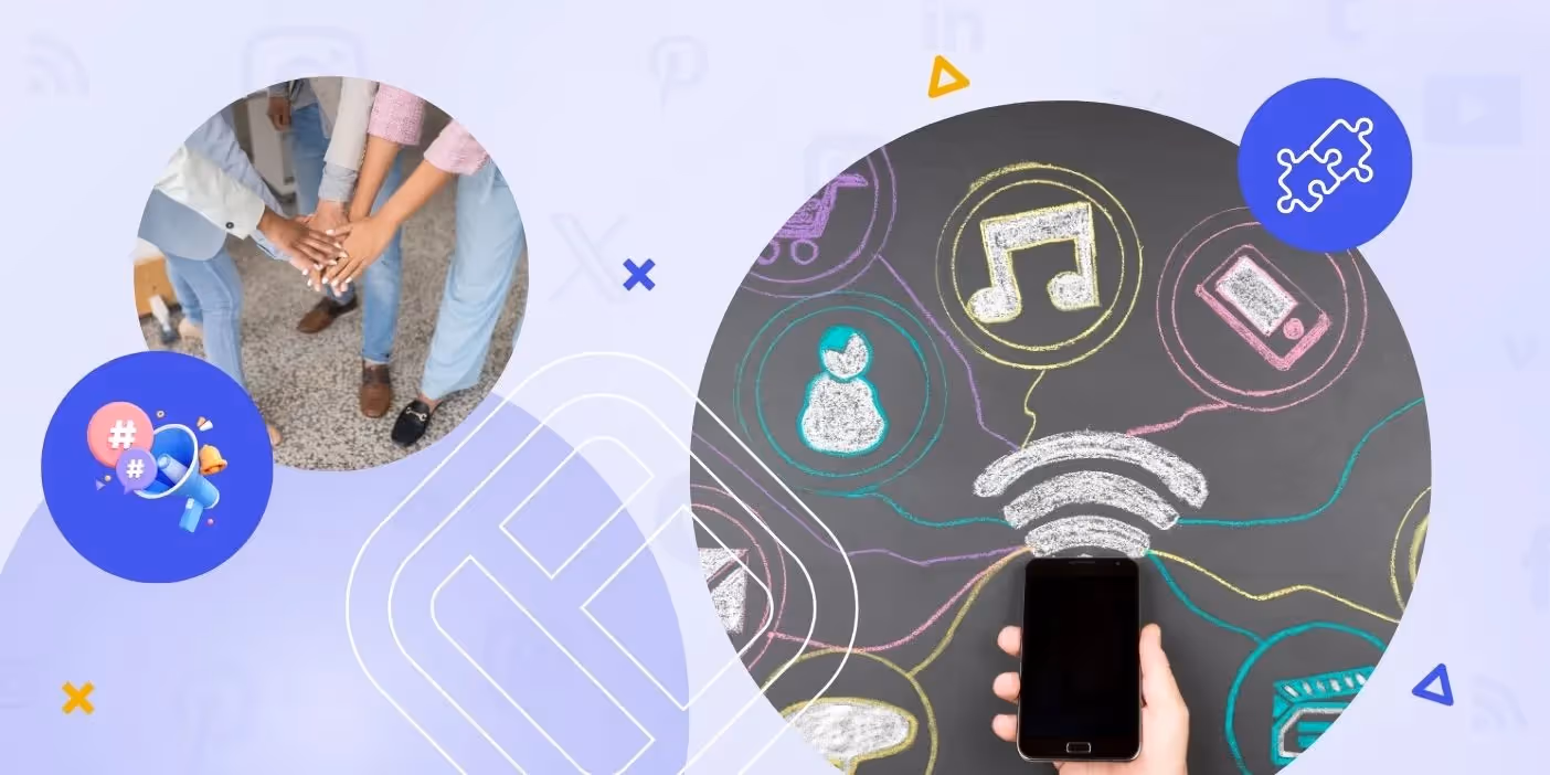 A group of people putting their hands together at the center, and a mobile phone with icons of apps around it.