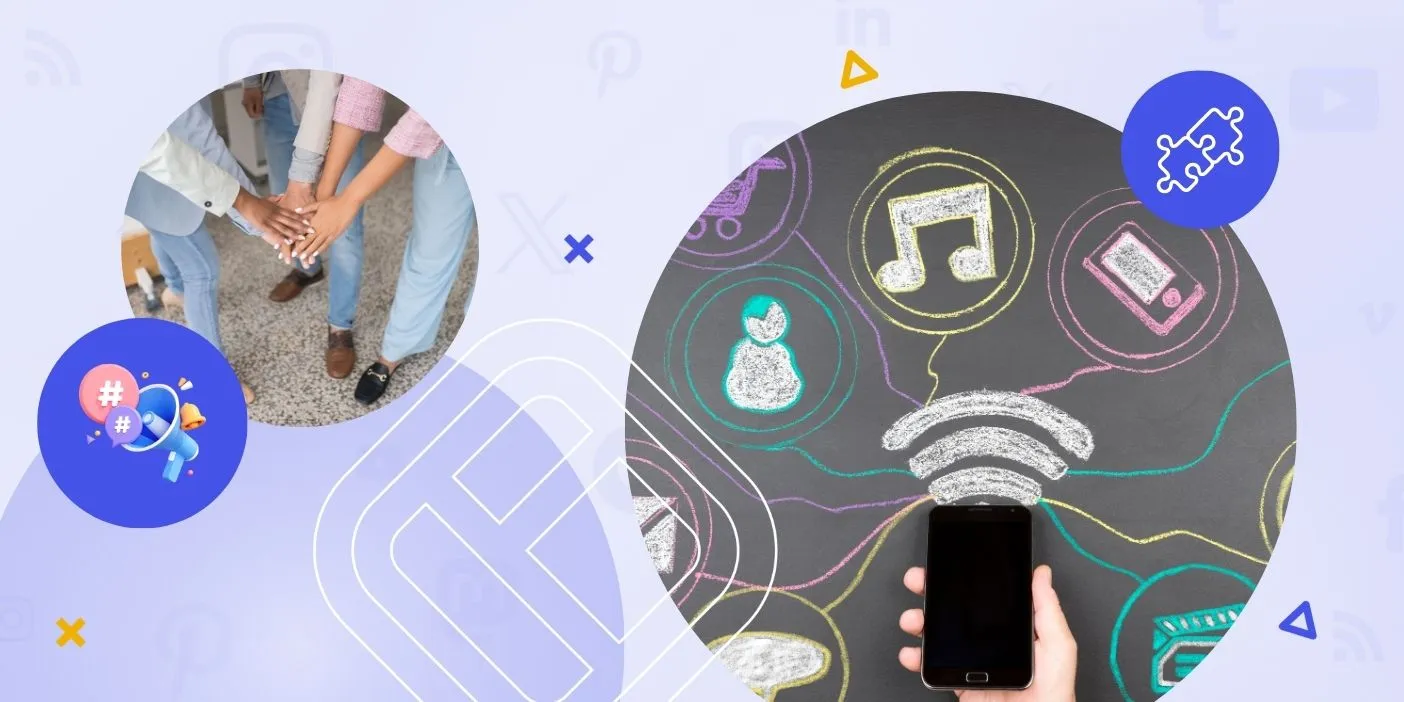 A group of people putting their hands together at the center, and a mobile phone with icons of apps around it.
