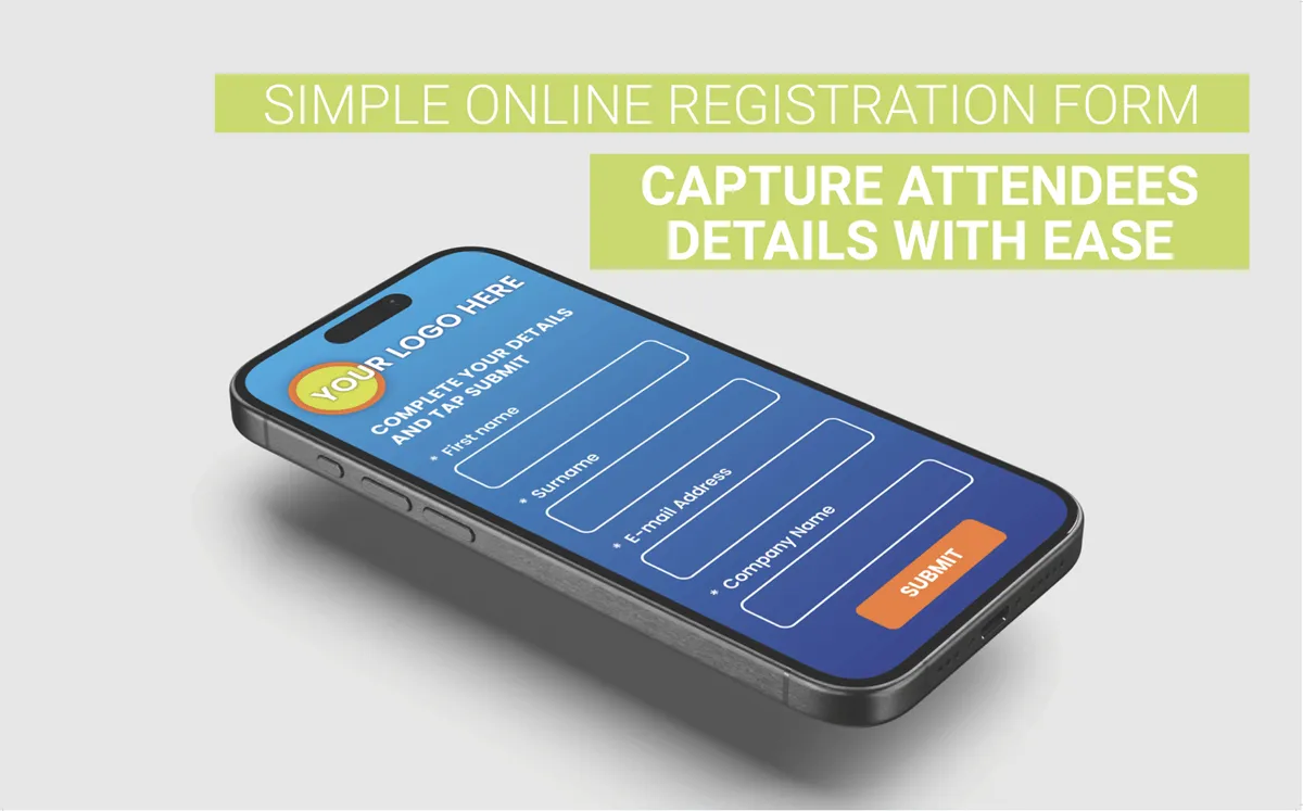 A smartphone displays a simple online registration form with fields for name, email, and company details against a blue gradient background.