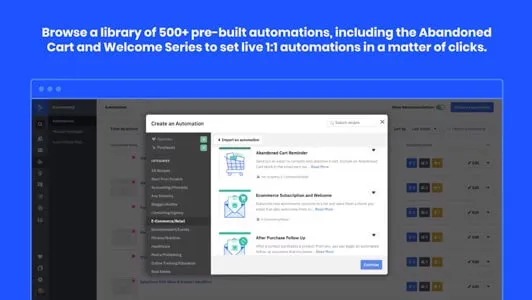 The text on the top says 'Browse a library of 500+ pre-built automations, including the Abandoned Cart and Welcome Series to set live 1:1 automations a matter of clicks.'